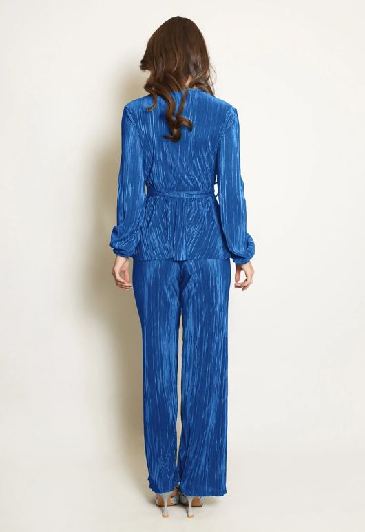 Royal Blue Belted Plisse V Neck Blouse And Trouser Set