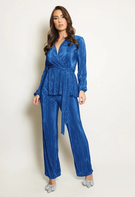 Royal Blue Belted Plisse V Neck Blouse And Trouser Set