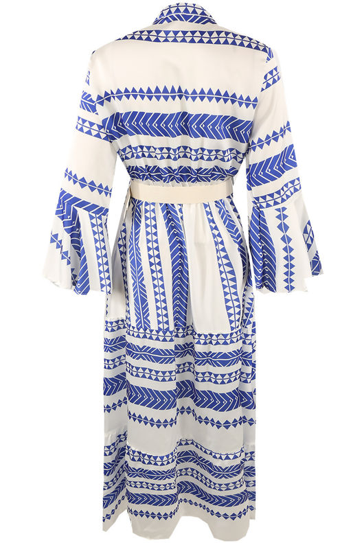 Blue Belted Maxi Dress In Aztec Print