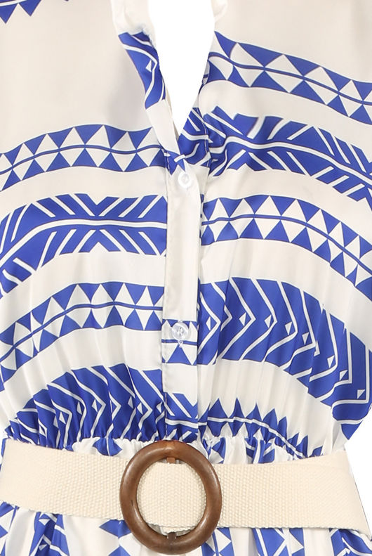 Blue Belted Maxi Dress In Aztec Print