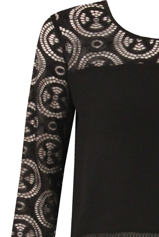 Black Lace Textured Back Zip Up Tops