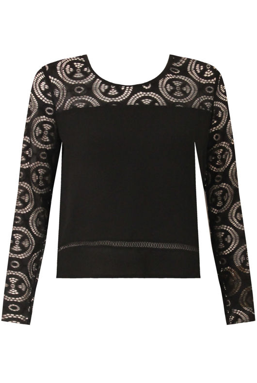 Black Lace Textured Back Zip Up Tops