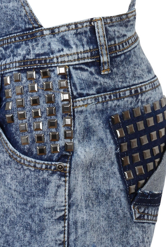 Denim Snow Wash Stud Detail Front Pocket Dungaree 