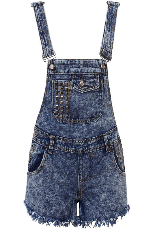 Denim Snow Wash Stud Detail Front Pocket Dungaree 