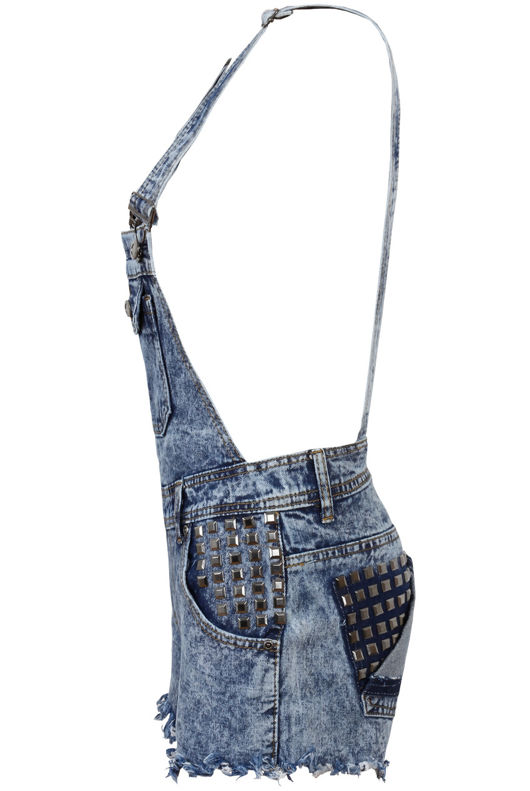 Denim Snow Wash Stud Detail Front Pocket Dungaree 