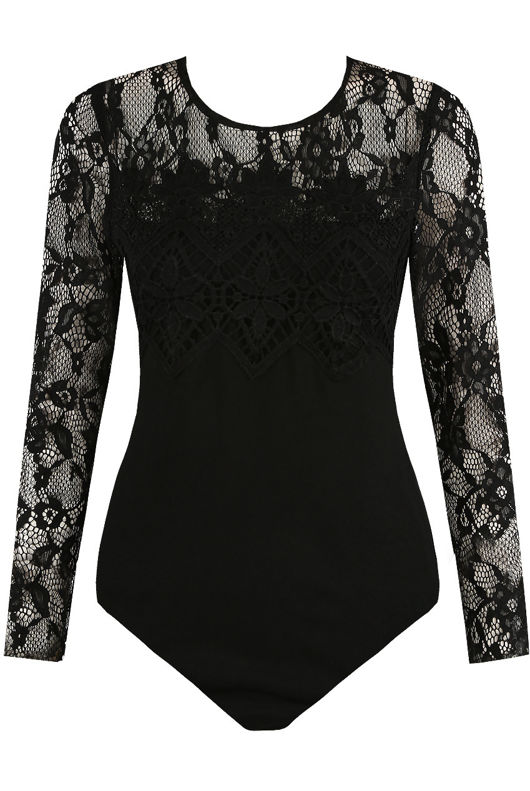 Black Mesh Lace Shoulders Bodysuit