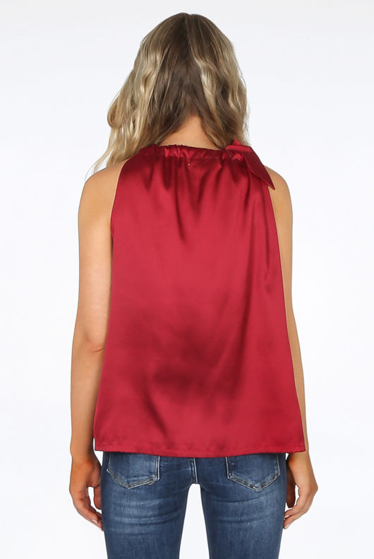 Wine Front Tie Up High Neck Satin Tops