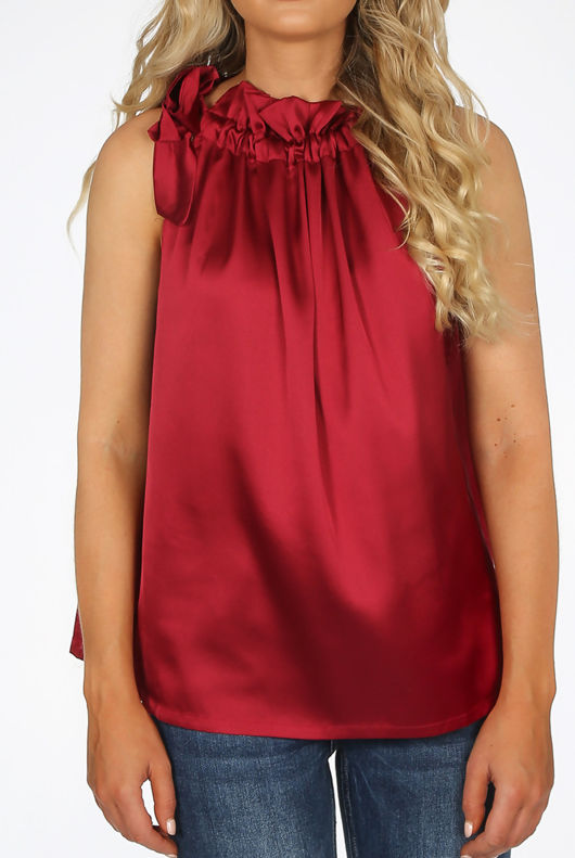 Wine Front Tie Up High Neck Satin Tops