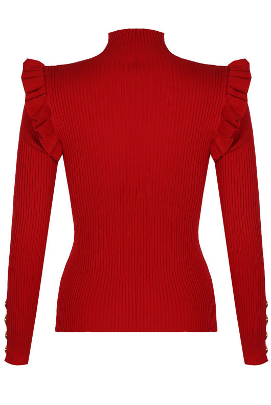 Red Frilled Shoulder Jumper With Button Detail