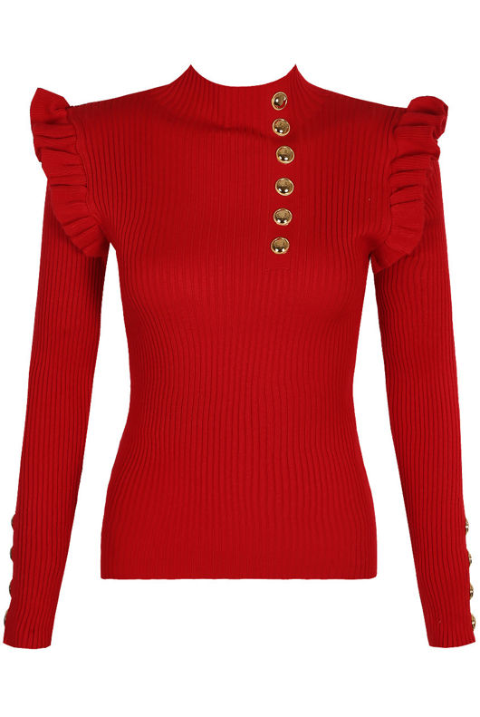Red Frilled Shoulder Jumper With Button Detail