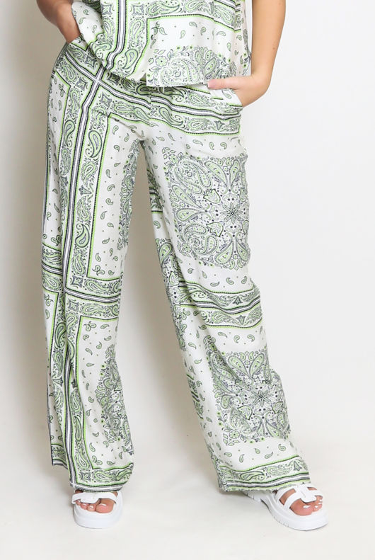 Green Paisley Printed Wide Leg Trousers