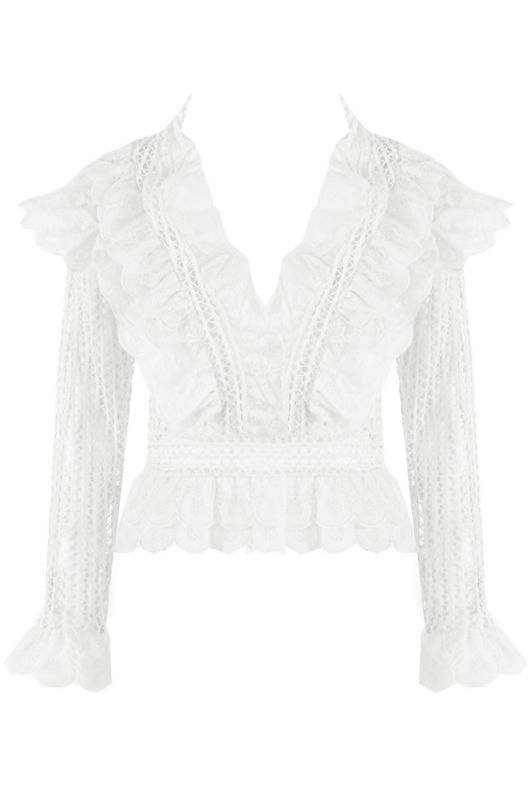 White Lace Mesh Plunge Neck Blouse