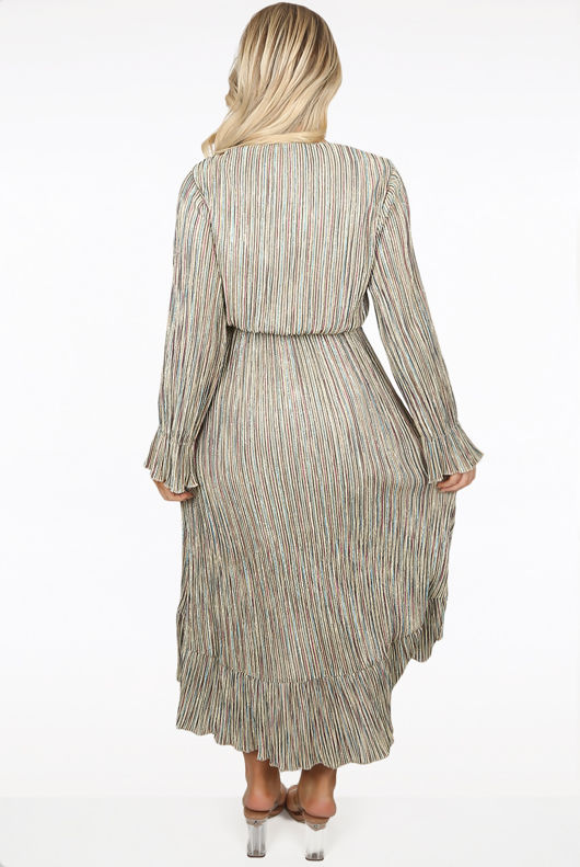 Metallic Stripe Print Wrap Midi Dress