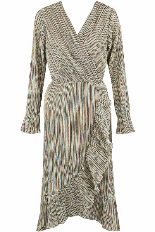 Metallic Stripe Print Wrap Midi Dress