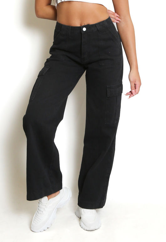 Black Straight Leg Denim Cargo Jeans