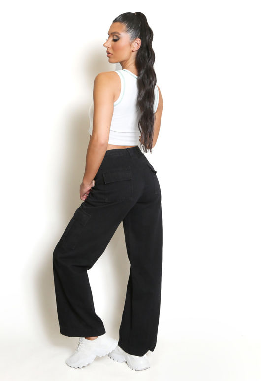 Black Straight Leg Denim Cargo Jeans