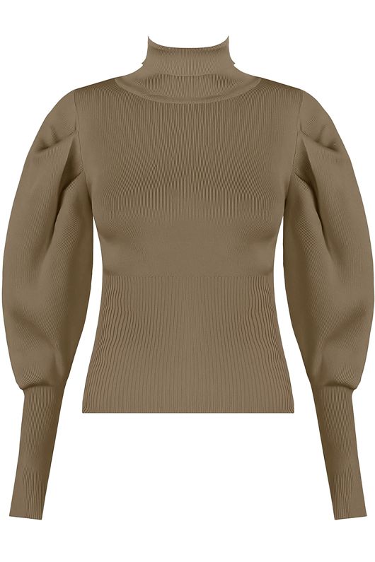 Taupe Pleated Sleeve High Neck Ribbed Jumper