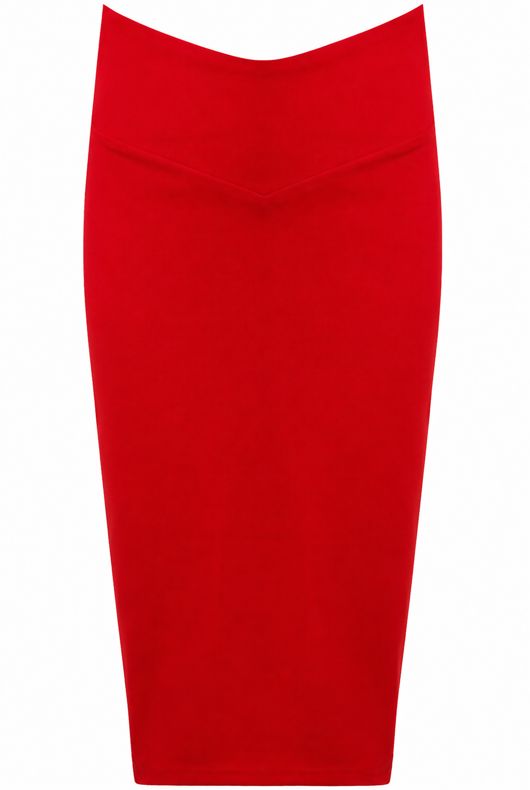 Dip Seam High Waisted Knee Length Skirt In Red