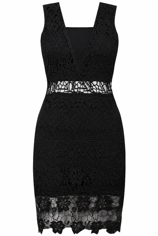 Black Crochet Plunge Mesh Front Bodycon Dress
