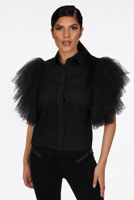 Black Tulle Sleeves Shirt 