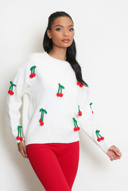 Cream Cherry Embellished Jumper 