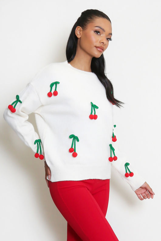 Cream Cherry Embellished Jumper 
