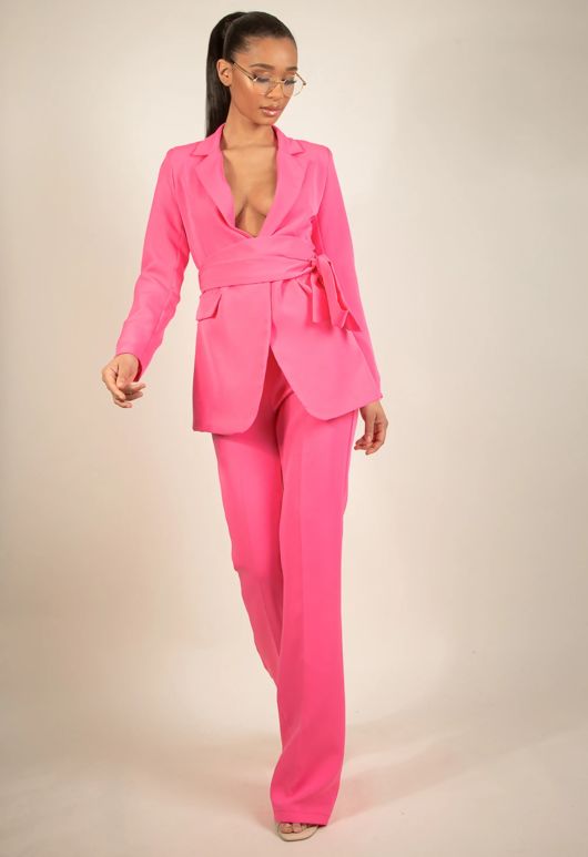 Fuchsia Belted Blazer & Flare Trouser Set