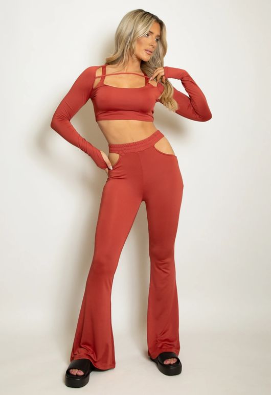 Rust Cut Out Crop Top And Flare Trouser Set 