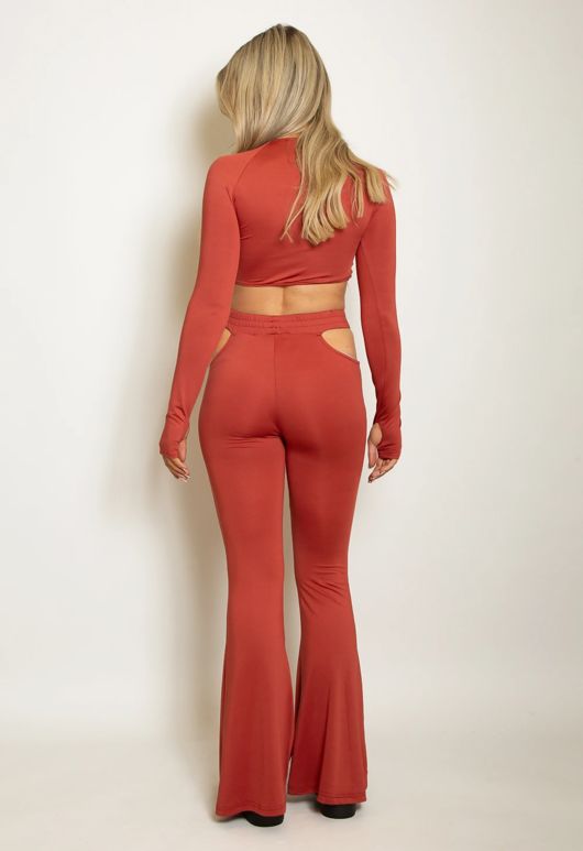 Rust Cut Out Crop Top And Flare Trouser Set 