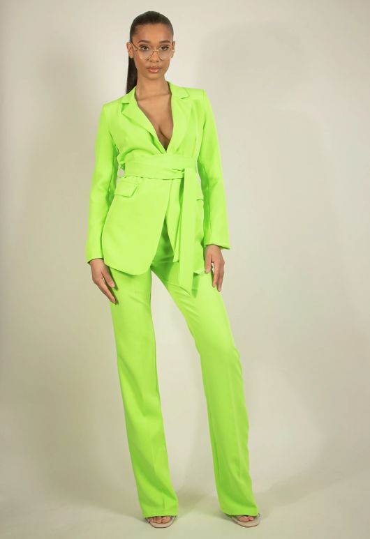 Green Belted Blazer & Flare Trouser Set