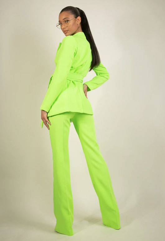 Green Belted Blazer & Flare Trouser Set