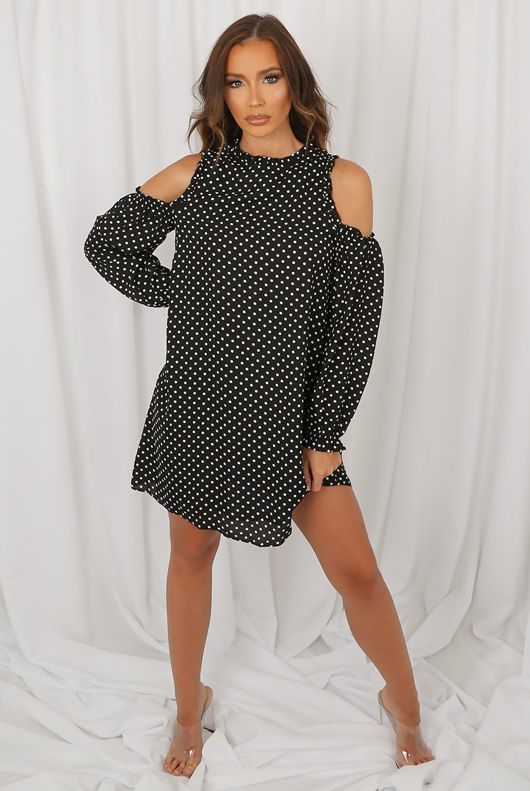Polka Dot Cold Shoulder Shift Dress