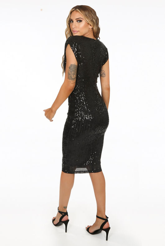 Black Sequin Cowl Neck Midi Dress