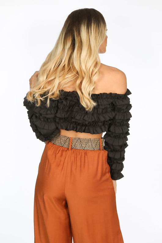 Black Ruffle Long Sleeve Crop Top