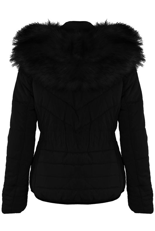 Black Puffer Jacket With Chunky Black Faux Fur Trim