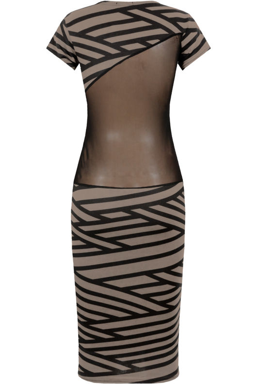 Beige and Black Striped Knitted Net Paneled Midi Dress