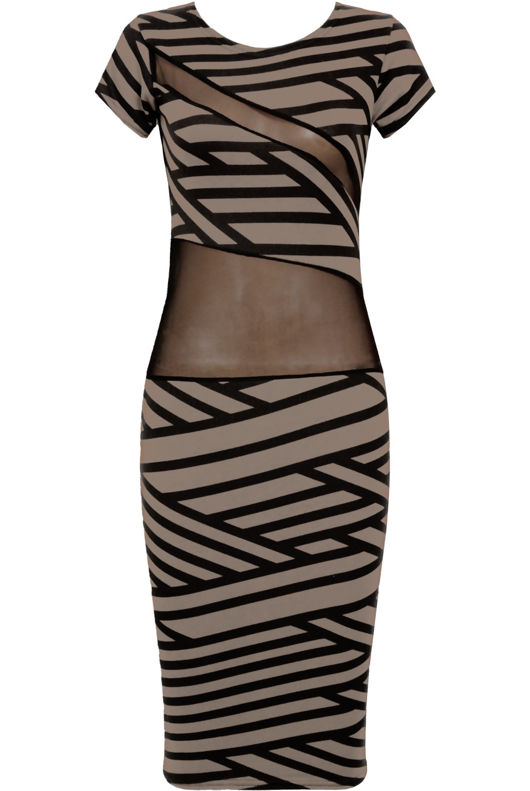 Beige and Black Striped Knitted Net Paneled Midi Dress