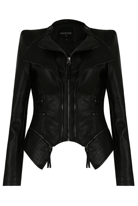 Black PU Double Collar Silver Zip Up Jacket