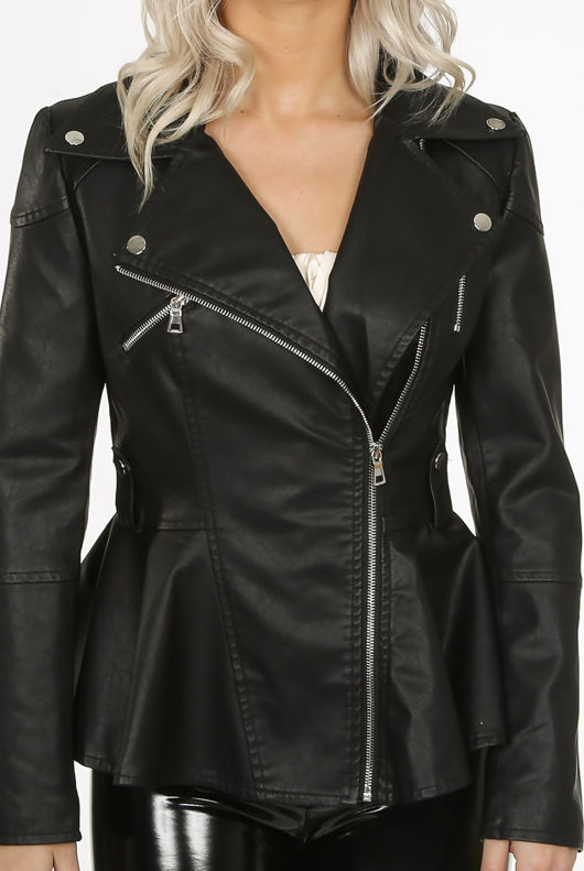 Black Faux Leather Peplum Biker Jacket