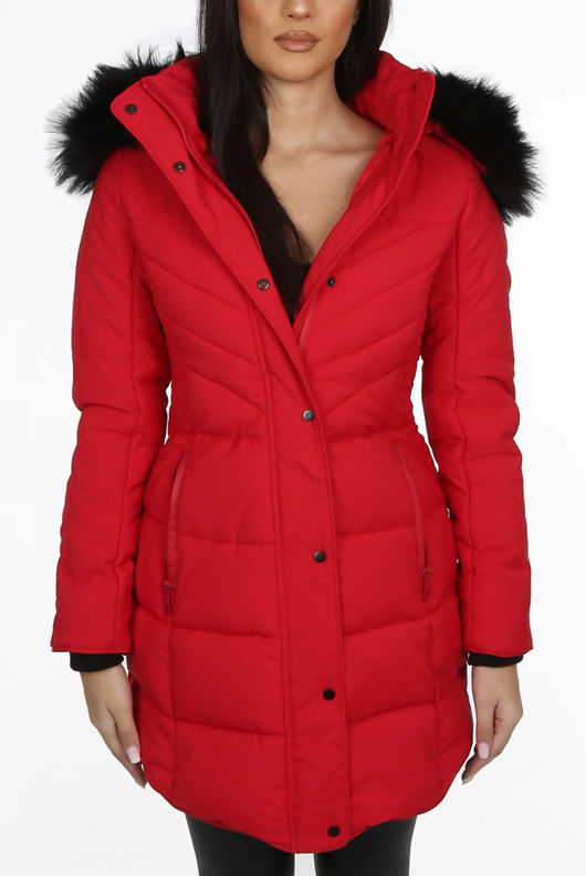 Black Fur Hood High Neck Longline Red Jacket