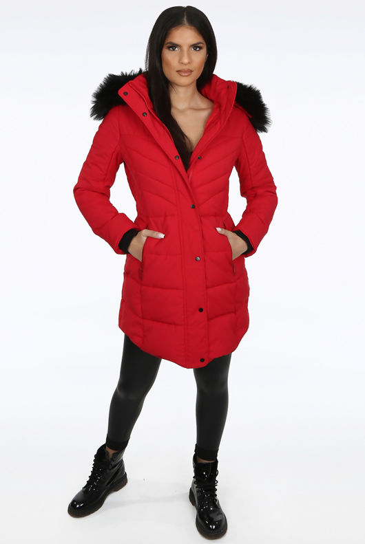 Black Fur Hood High Neck Longline Red Jacket
