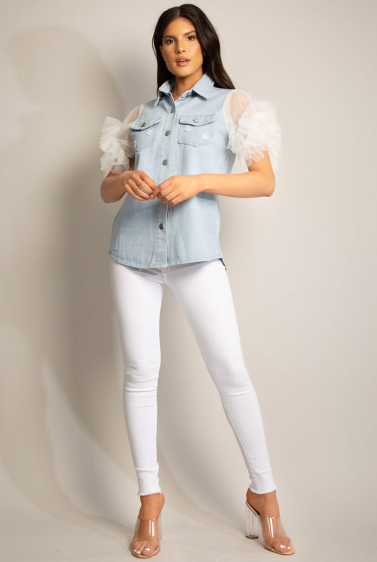 Mesh Sleeve Front Pocketed Denim Shacket 