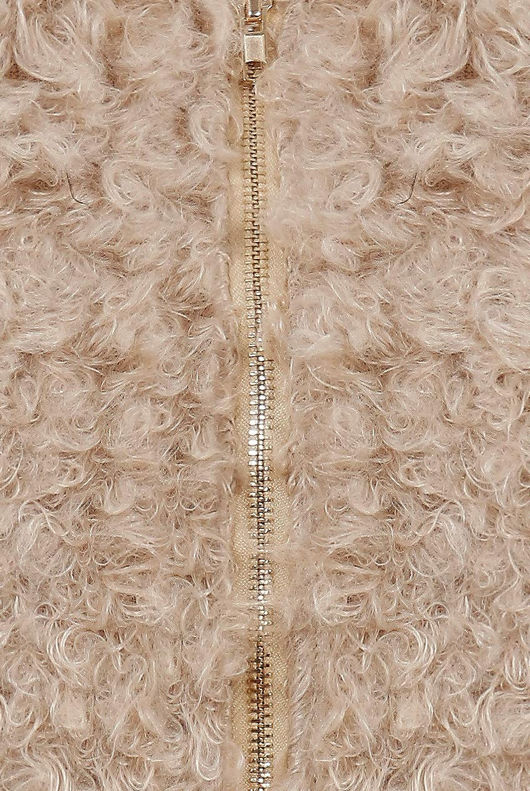 Beige Zip Up Side Pocketed Fur Jacket 