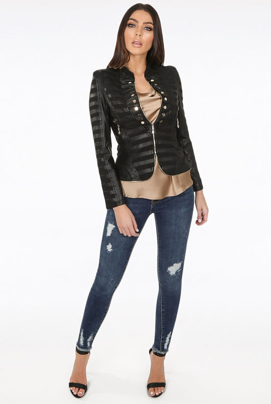 PU Buttons Trim Paneled Biker Jacket