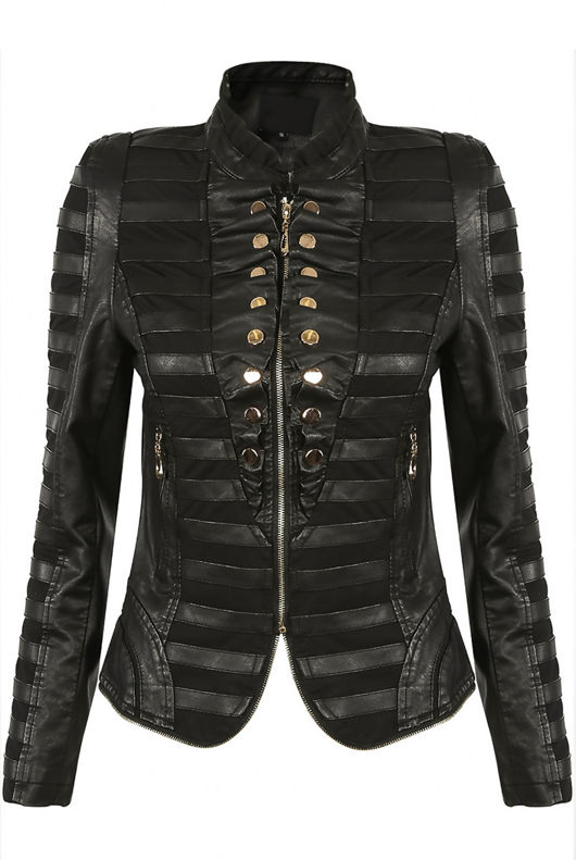 PU Buttons Trim Paneled Biker Jacket