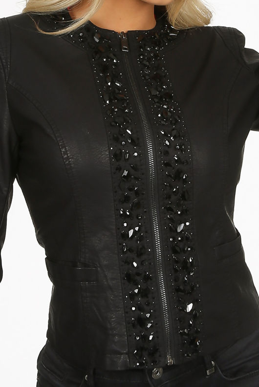 Faux Leather Black Stone Trim Jacket