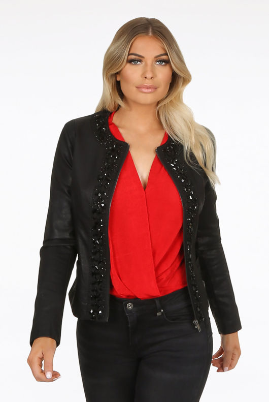 Faux Leather Black Stone Trim Jacket