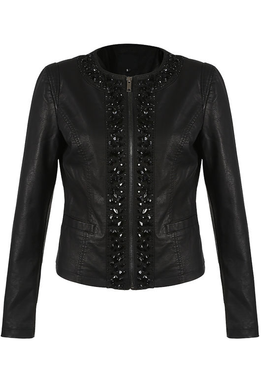 Faux Leather Black Stone Trim Jacket