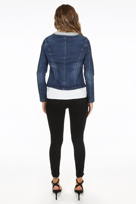 Pearls Trim Open Denim Jacket 