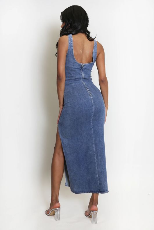 Denim Leg Slit Midi Dress